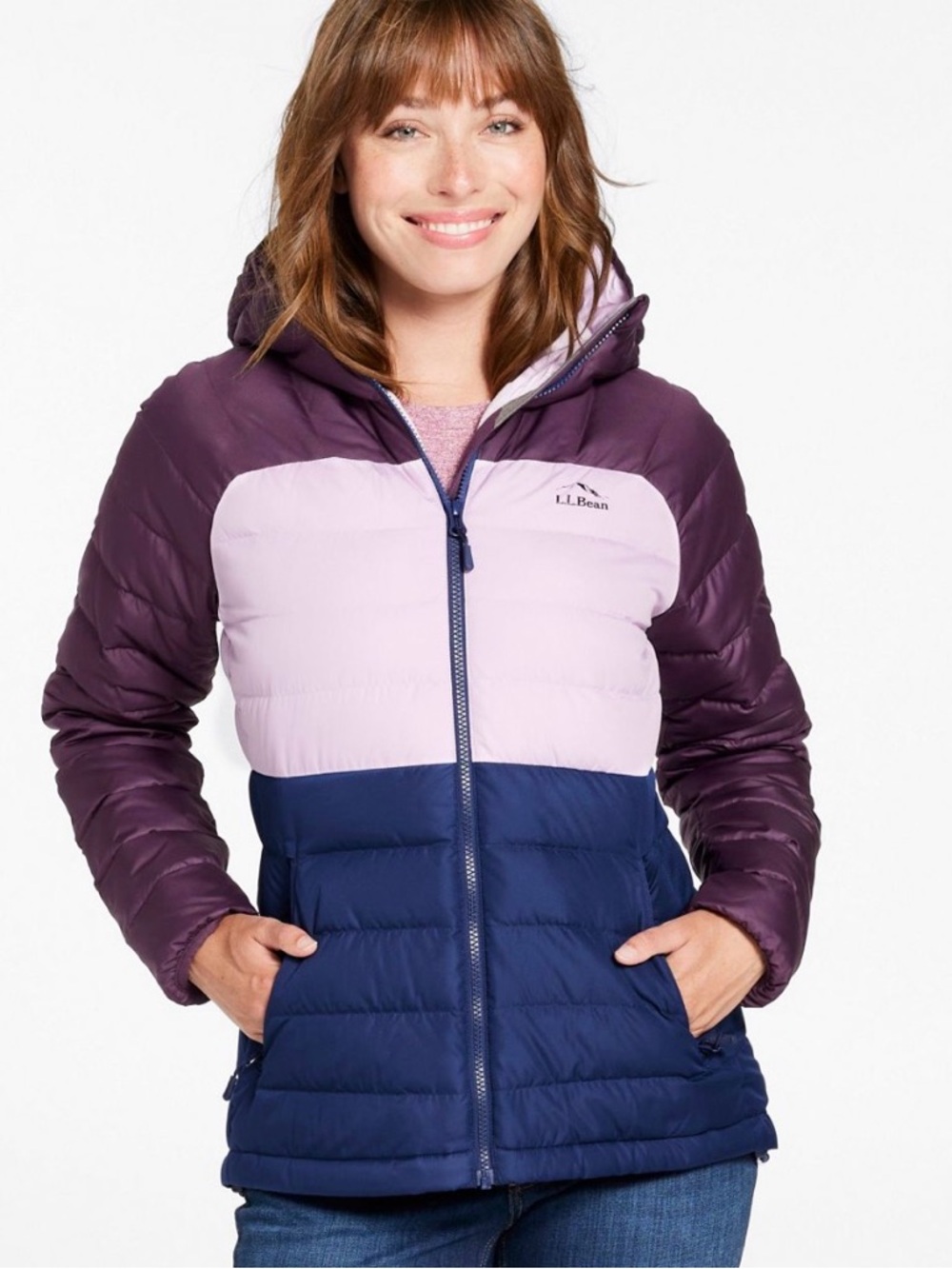 NWT L.L. Bean Women’s Colorblock Puffer Jacket in Purple, Light Pink & Navy Sz M